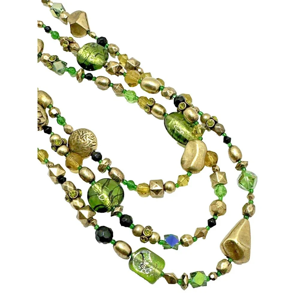 Vintage Green Gold Multi Strand Bead Necklace Boho Crystal Accents Box Clasp 16